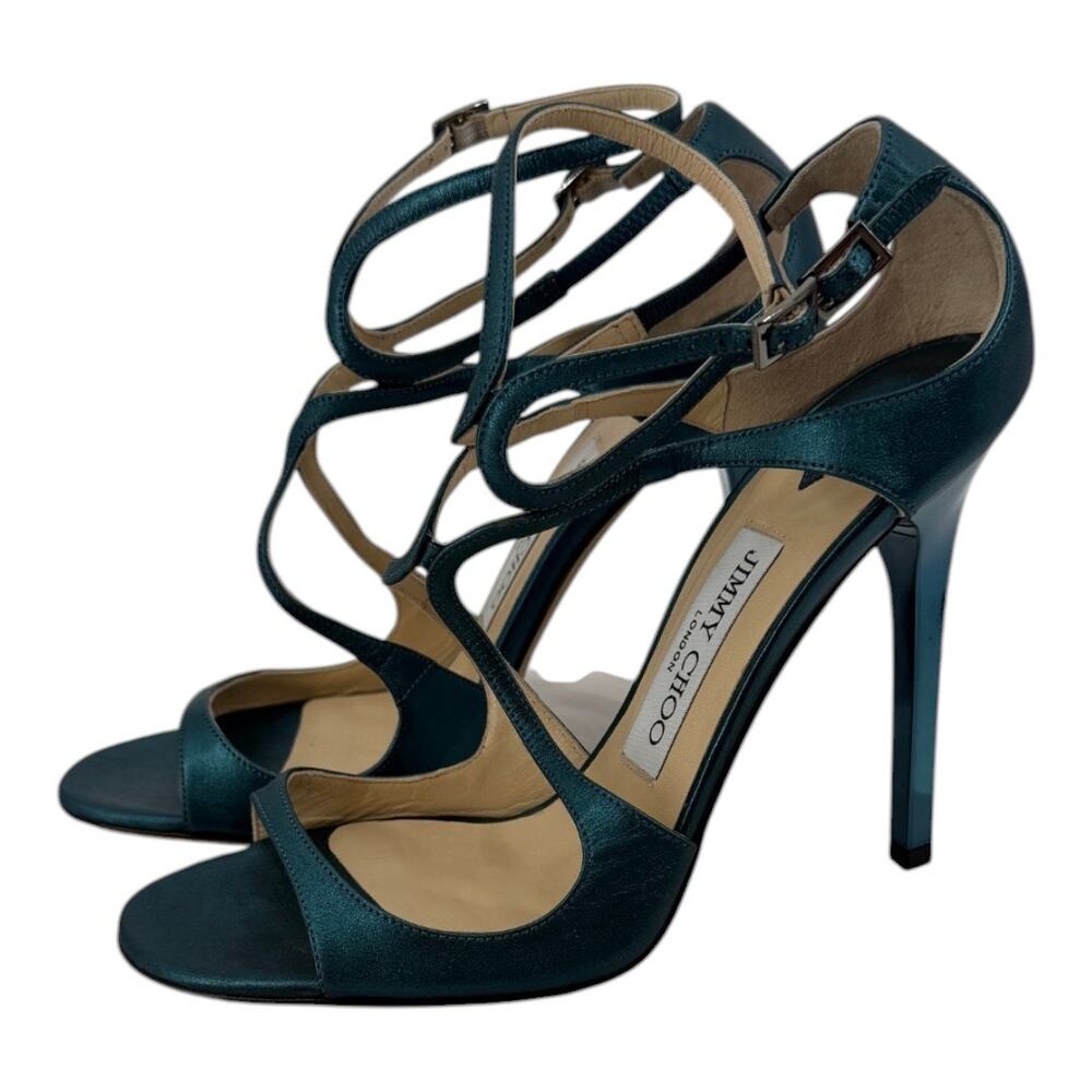 Jimmy Choo Lang Teal Metallic Leather Strappy Mirror Heel Sandals Size 37.5